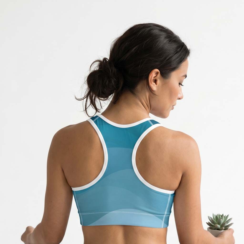 Woman in a blue sports bra and black leggings sitting on a yoga mat with a white background