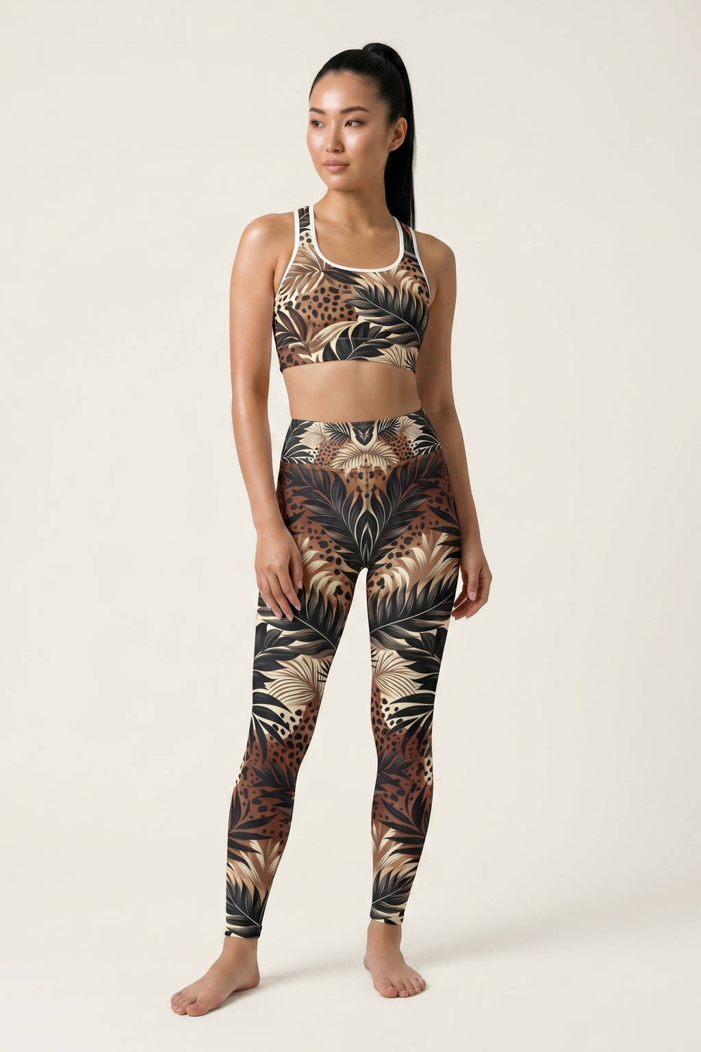 Woman wearing a leopard print sports bra and leggings set on a white background
