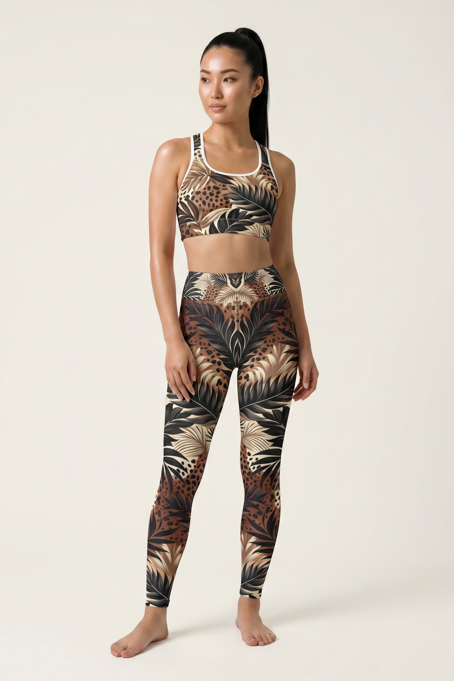 Woman wearing a leopard print sports bra and leggings set on a white background