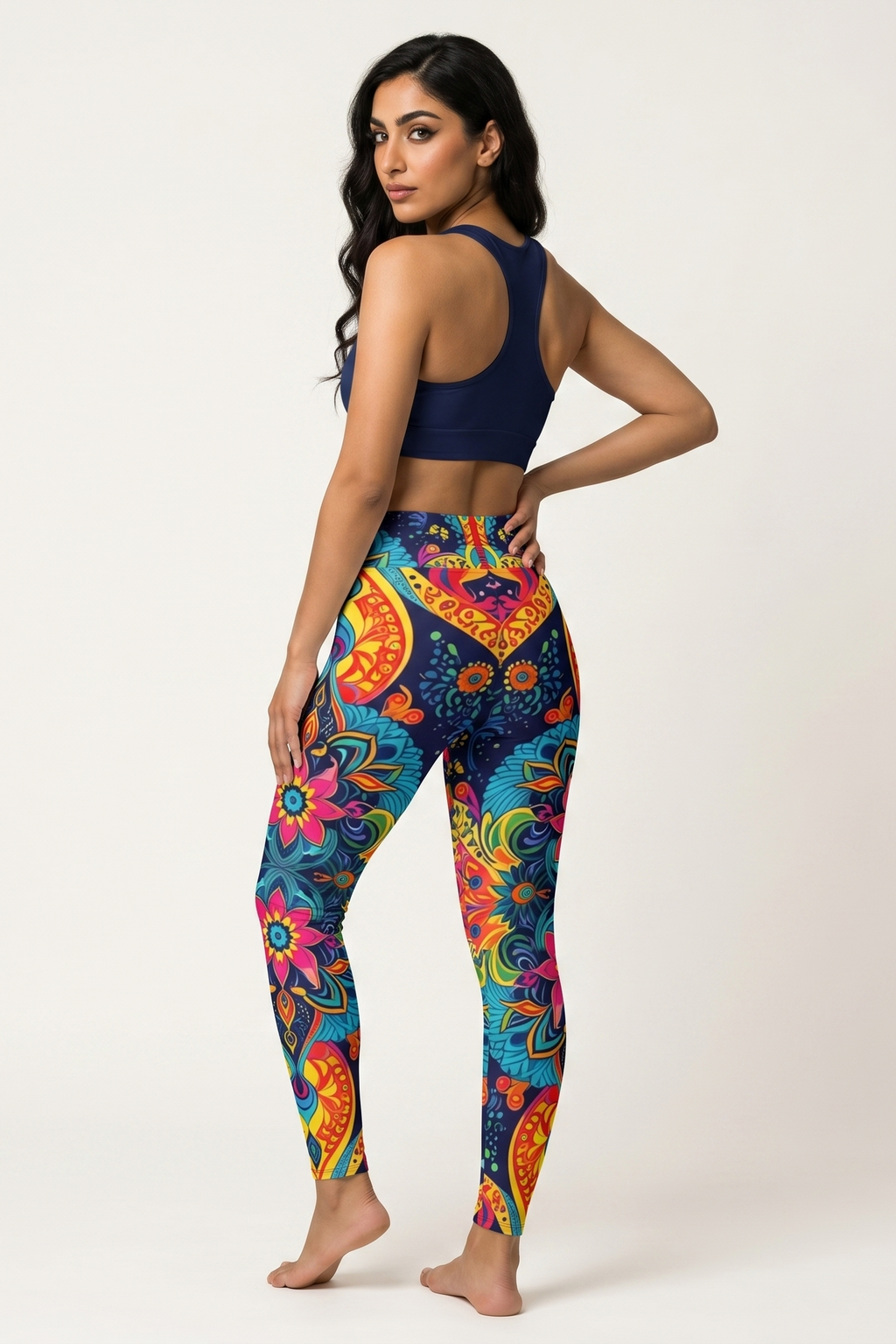 Woman wearing colorful patterned leggings and a dark sports bra on a white background