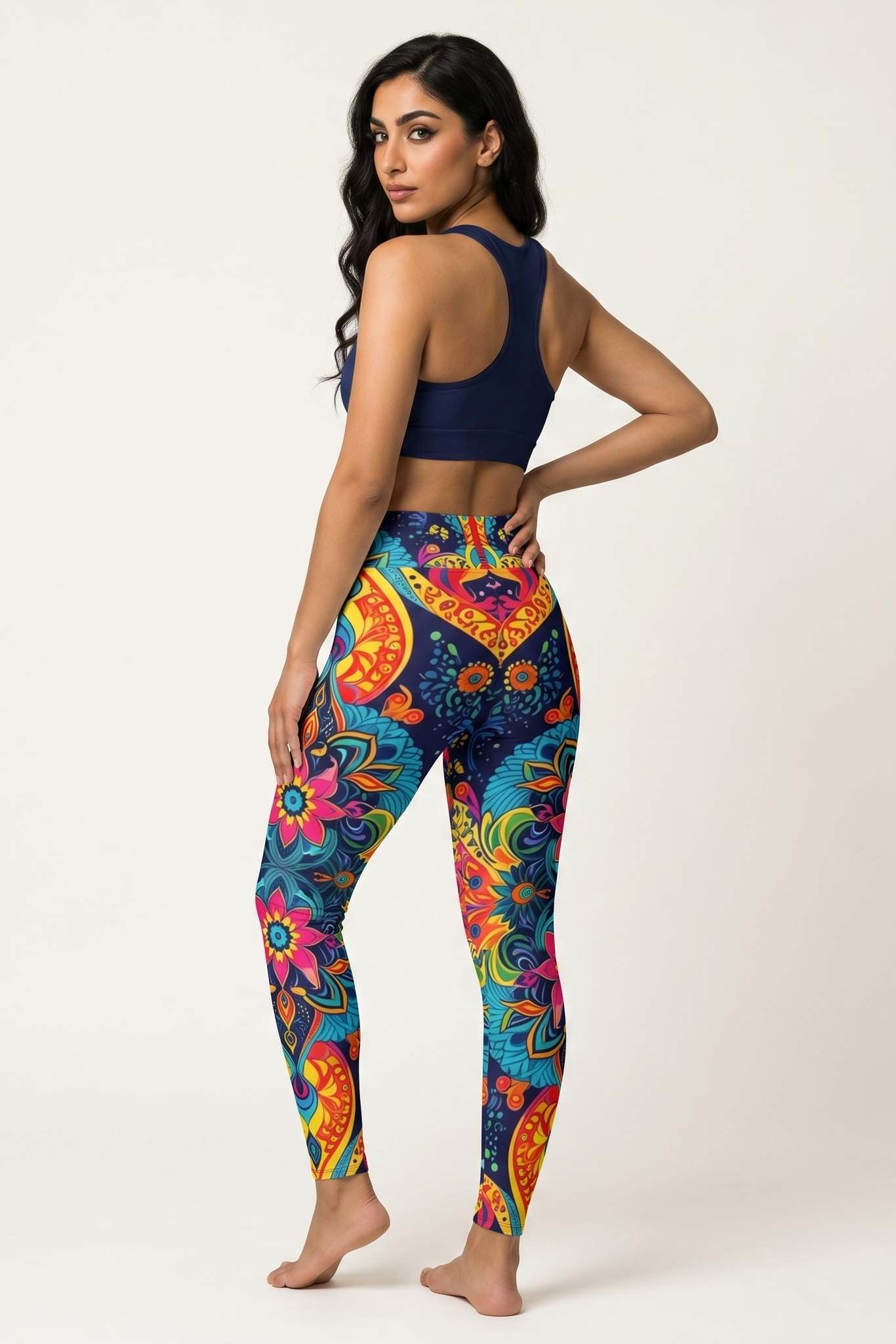 Woman wearing colorful patterned leggings and a dark sports bra on a white background