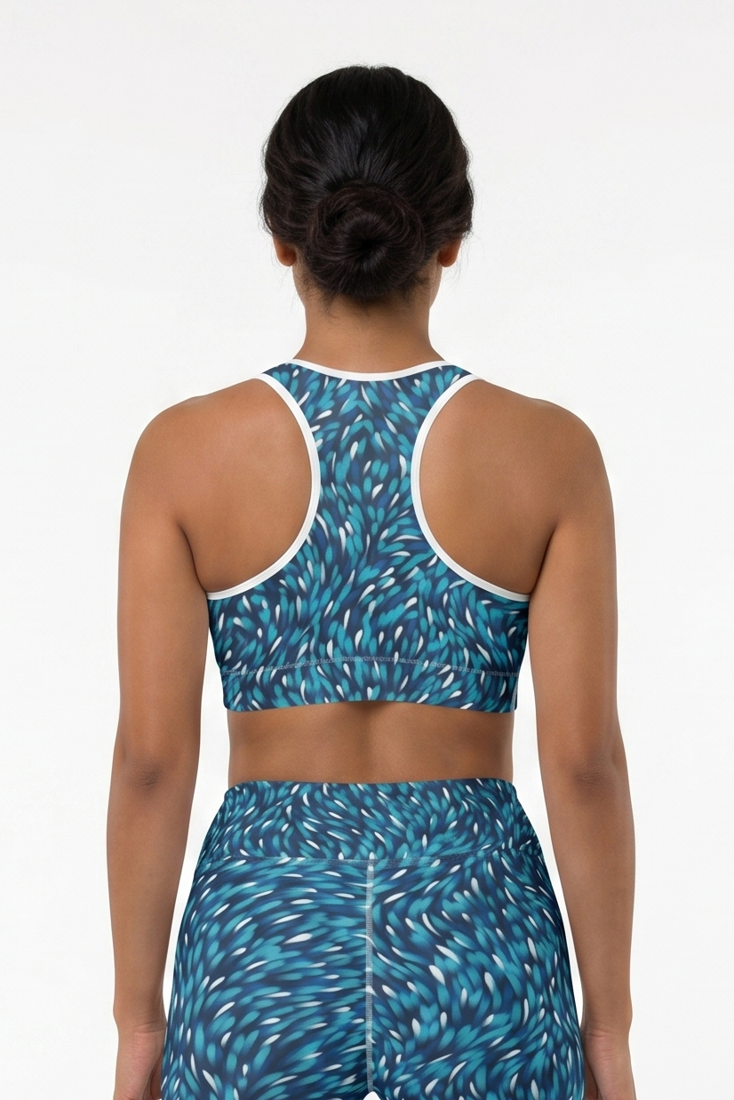 Person wearing a blue patterned sports bra and leggings set on a white background