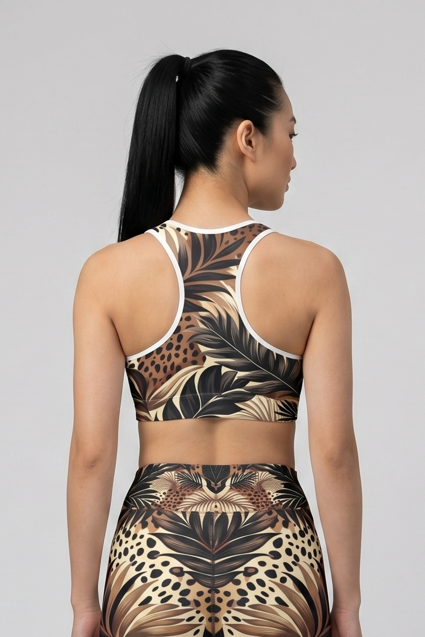 Person wearing a sports bra and leggings with a leaf pattern on a gray background