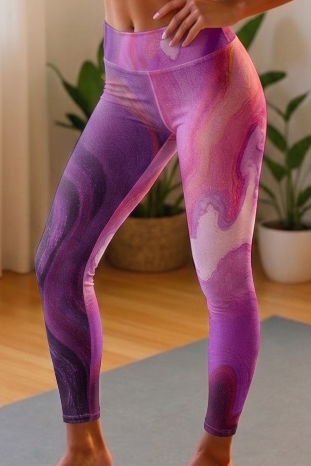 Woman in a pink and purple athletic outfit standing on a yoga mat in a bright room with plants.